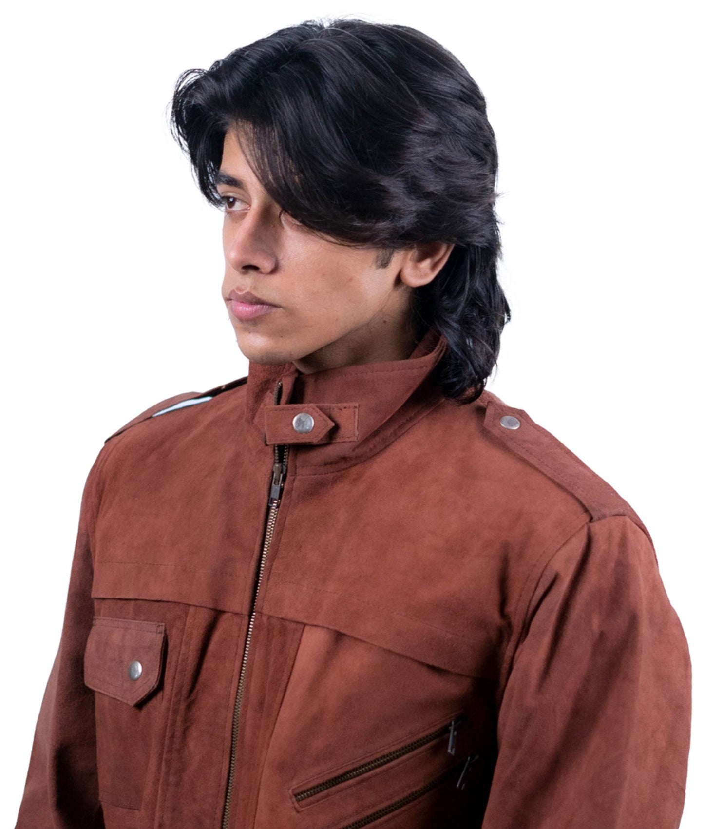 69 - Rust Brown Suede Bomber Jacket – Tactical Shoulder & Chest Pocket Design
