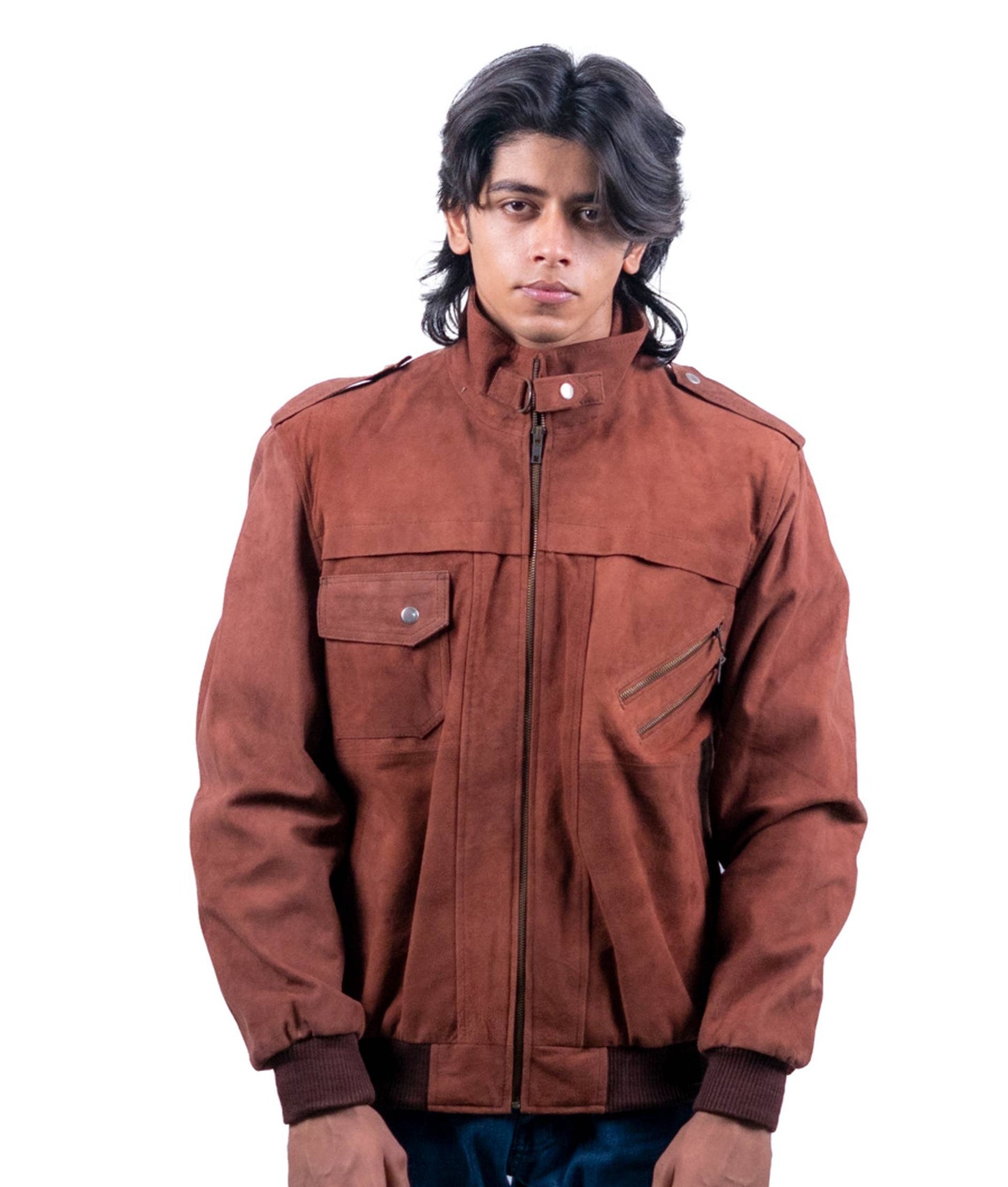 69 - Rust Brown Suede Bomber Jacket – Tactical Shoulder & Chest Pocket Design