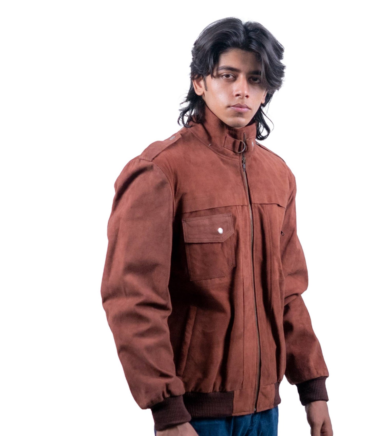 69 - Rust Brown Suede Bomber Jacket – Tactical Shoulder & Chest Pocket Design