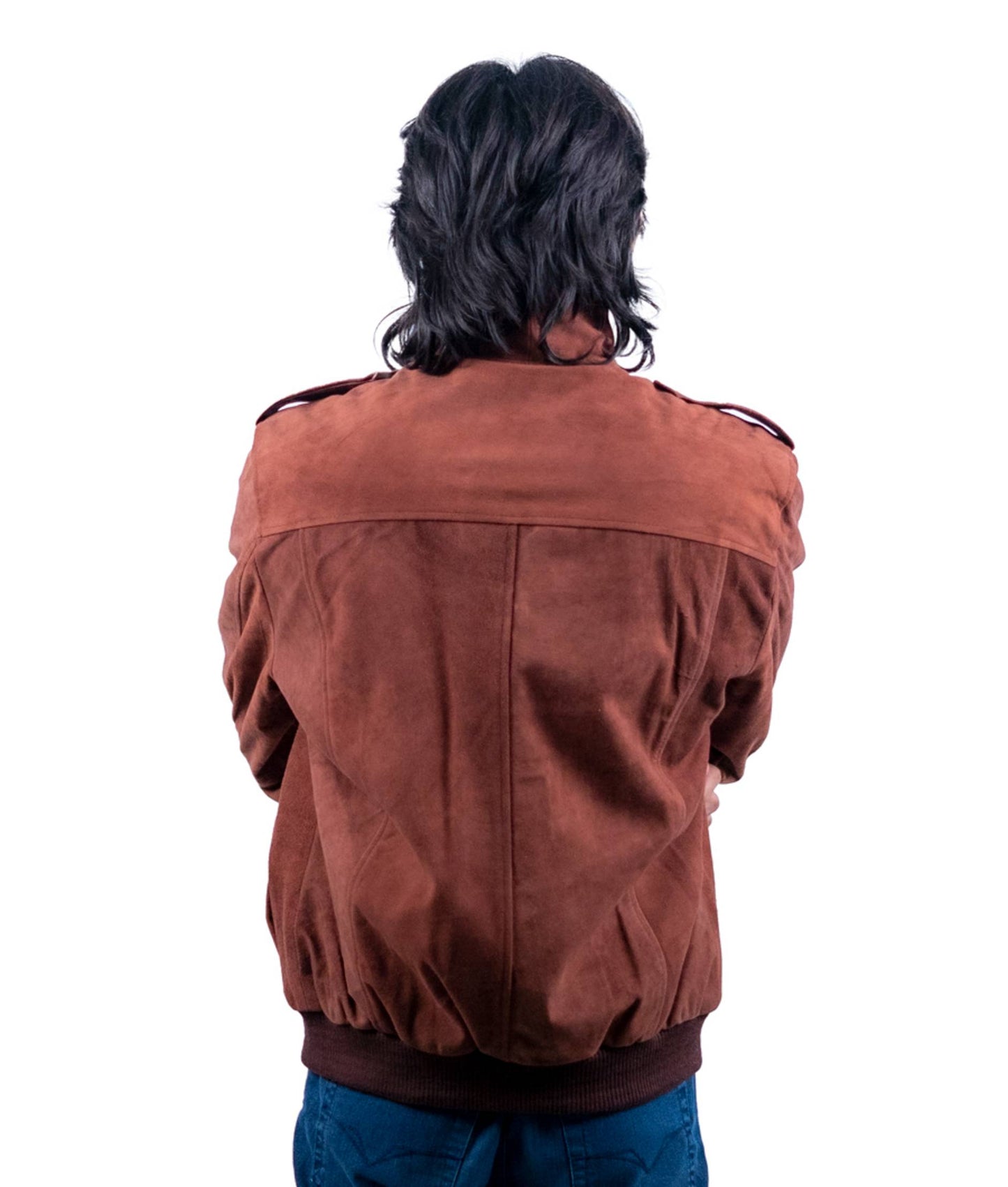 69 - Rust Brown Suede Bomber Jacket – Tactical Shoulder & Chest Pocket Design