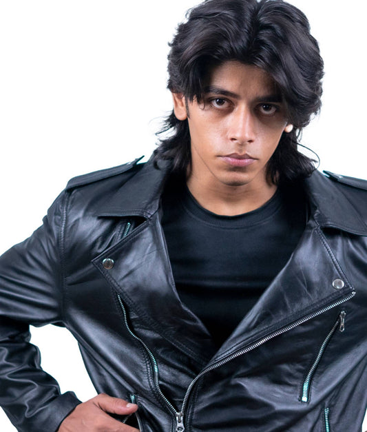 71 - Classic Black Biker Leather Jacket – Asymmetrical Zip & Belted Waist