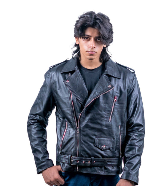71 – Klassische schwarze Biker-Lederjacke – Asymmetrischer Reißverschluss und Gürtel