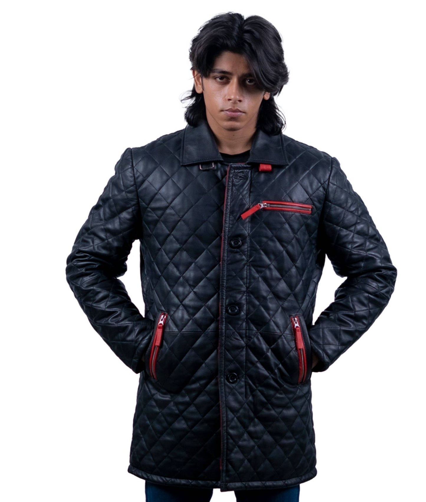 78 - Quilted Black Long Jacket – Red Zip Streetwear Edition
