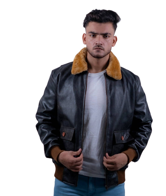 83 - Vintage Bomber Jacket – Brown Leather with Camel Fur Collar