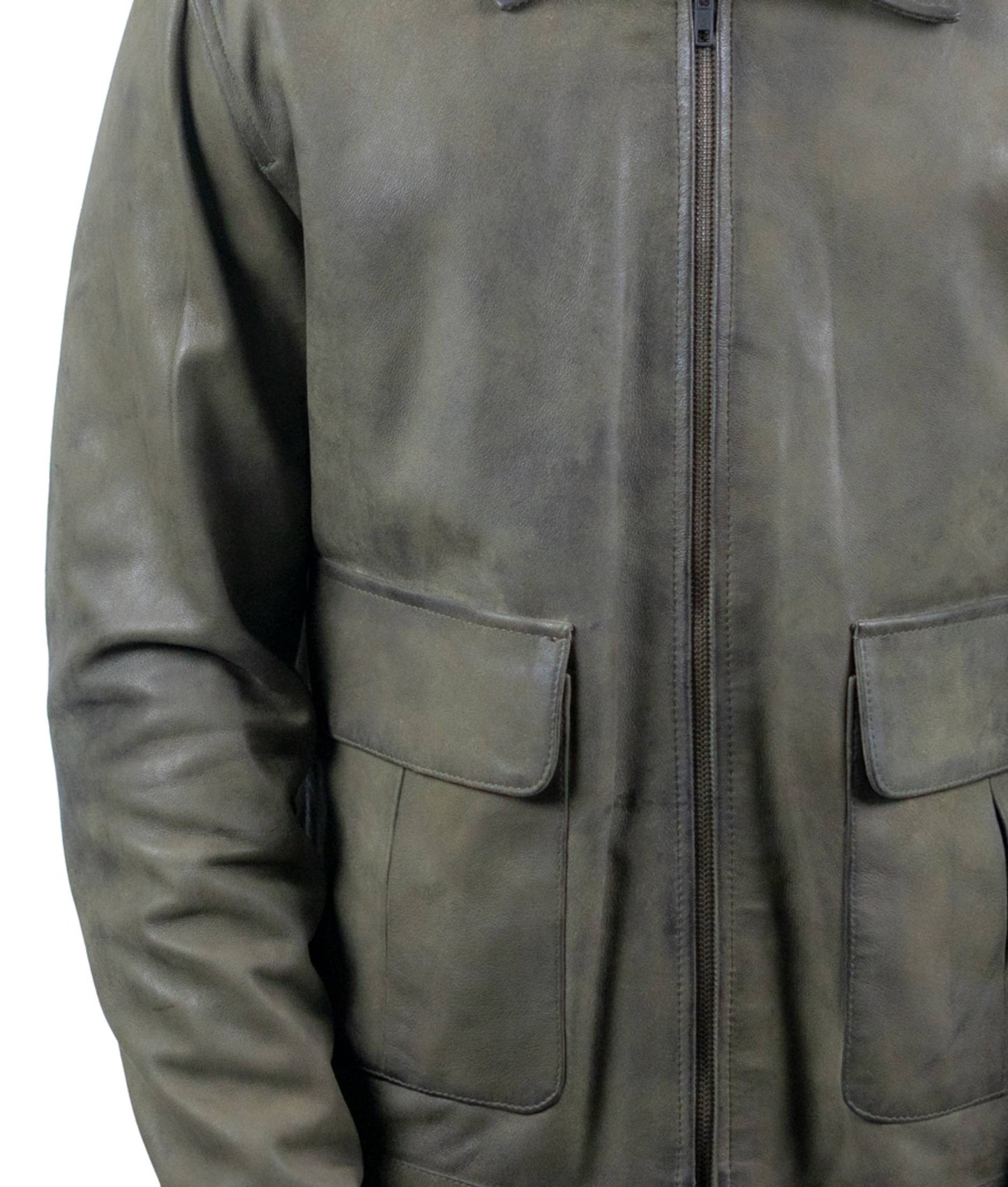 84 - Olive Green Leather Jacket – Utility Pocket Design