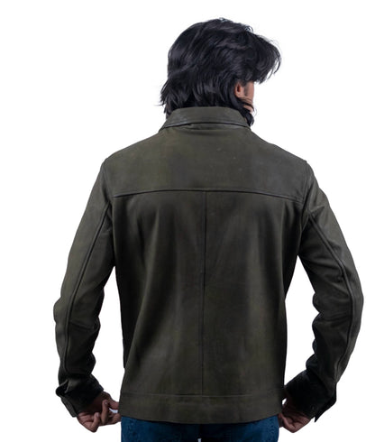 84 - Olive Green Leather Jacket – Utility Pocket Design