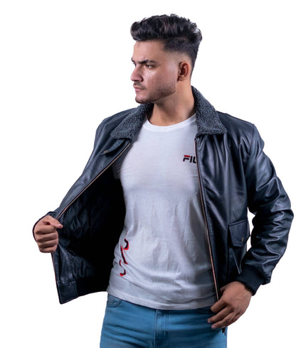 85 – Schwarze Bomberjacke – Grauer Sherpa-Kragen gefüttert