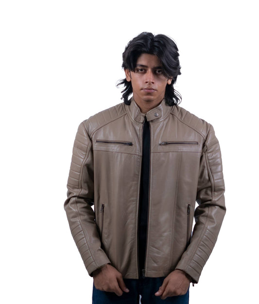 86 - Taupe Brown Moto Jacket – Ribbed Panel Design