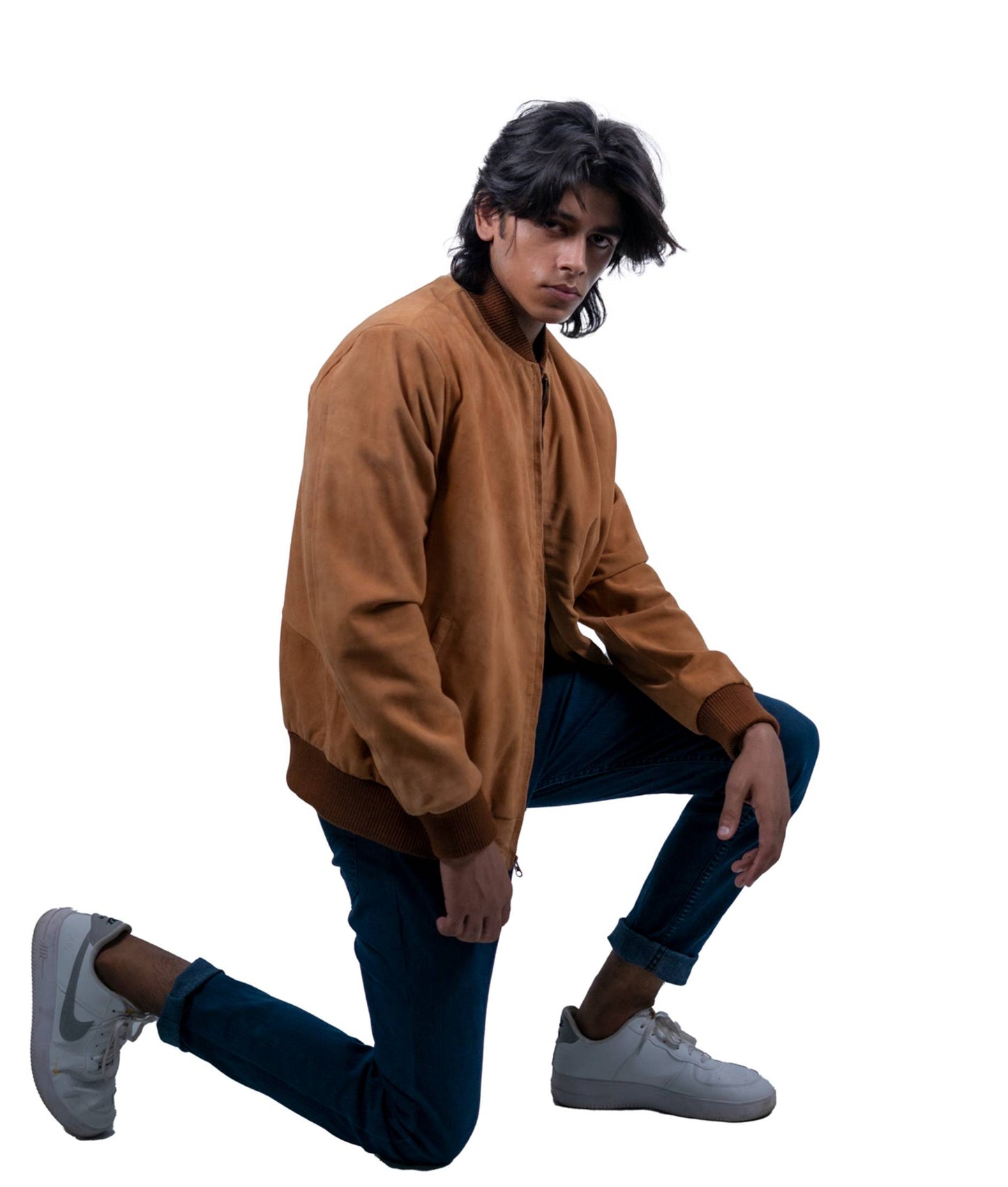 88 - Camel Suede Bomber Jacket – Minimalist Warmth Edition