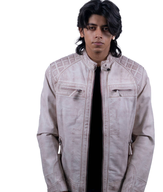93 – Weiße Motorradjacke im Used-Look – Gesteppte Schulter-Edition
