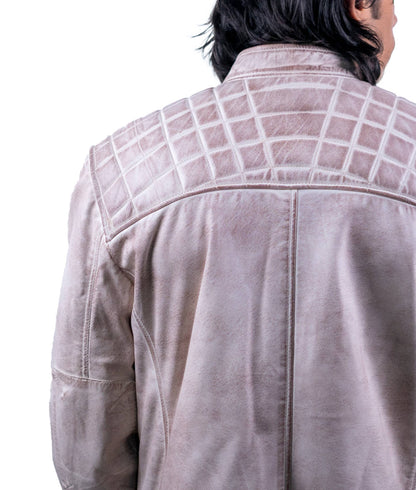 93 – Weiße Motorradjacke im Used-Look – Gesteppte Schulter-Edition
