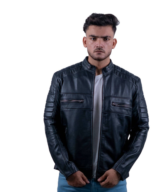 96 – Schwarze Motorrad-Bikerjacke für Herren – Gesteppte Schulterpartie