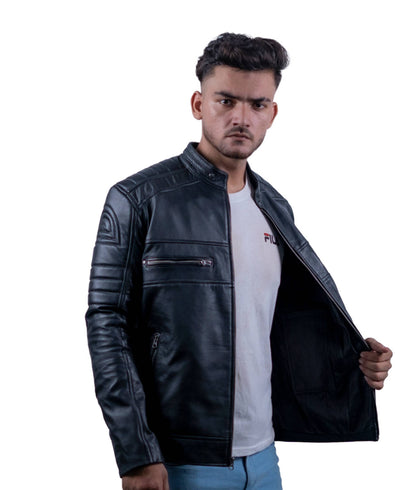 96 – Schwarze Motorrad-Bikerjacke für Herren – Gesteppte Schulterpartie