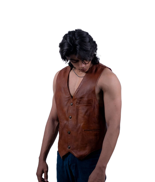 101 - Vintage Brown Leather Vest – Five-Button Classic