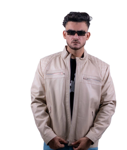103 - Men’s Cream Quilted Leather Jacket – Light Tone, Heavy Impact