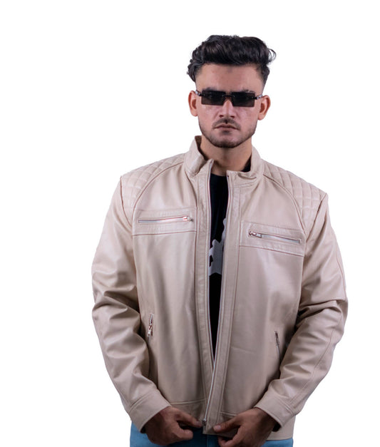 103 - Men’s Cream Quilted Leather Jacket – Light Tone, Heavy Impact