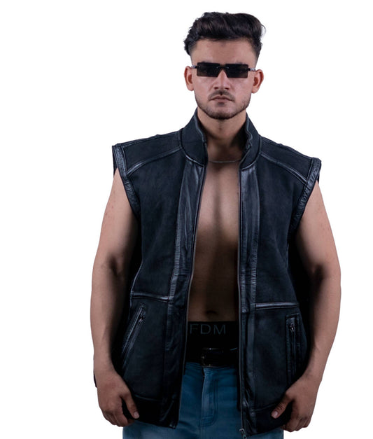 104 - Men’s Sleeveless Black Biker Vest – Raw Rider Edition