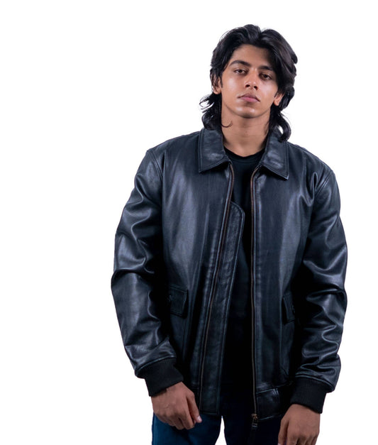105 - Men’s Jet Black Bomber Leather Jacket – Sleek Urban Edge