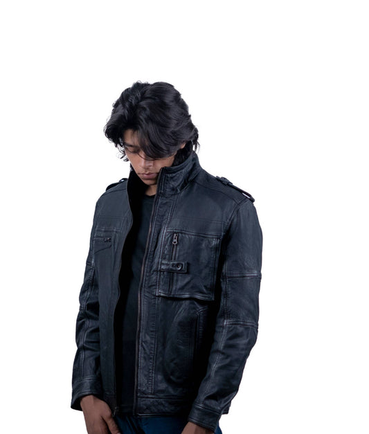 107 - Men’s Urban Black Field Jacket – Multi-Pocket Tactical Style