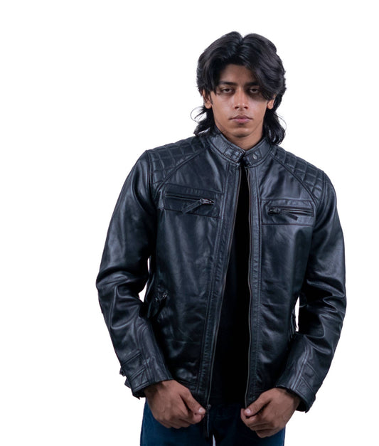 111 – Schwarze Racer-Lederjacke für Herren – Gesteppte Schulter-Edition