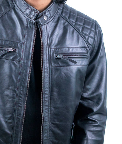 111 – Schwarze Racer-Lederjacke für Herren – Gesteppte Schulter-Edition