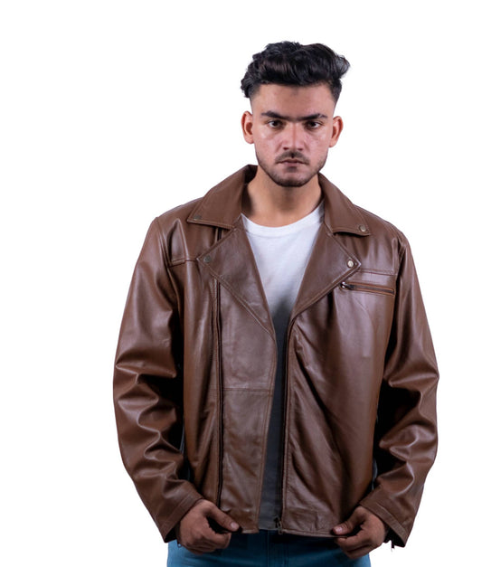 112 - Men’s Tan Café Racer Leather Jacket – Vintage Road Aesthetic