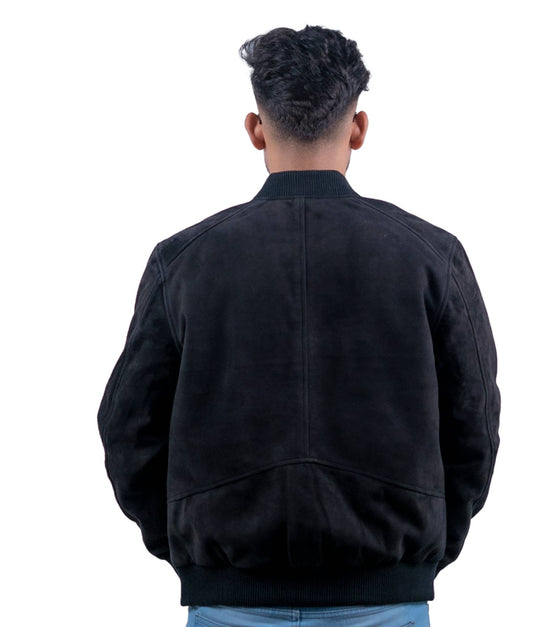 114 - Men’s Black Suede Bomber Jacket – Retro Minimal Luxe