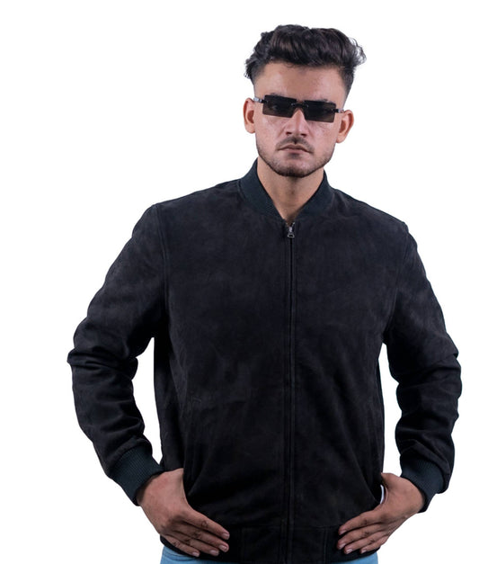 114 – Schwarze Wildleder-Bomberjacke für Herren – Retro Minimal Luxe