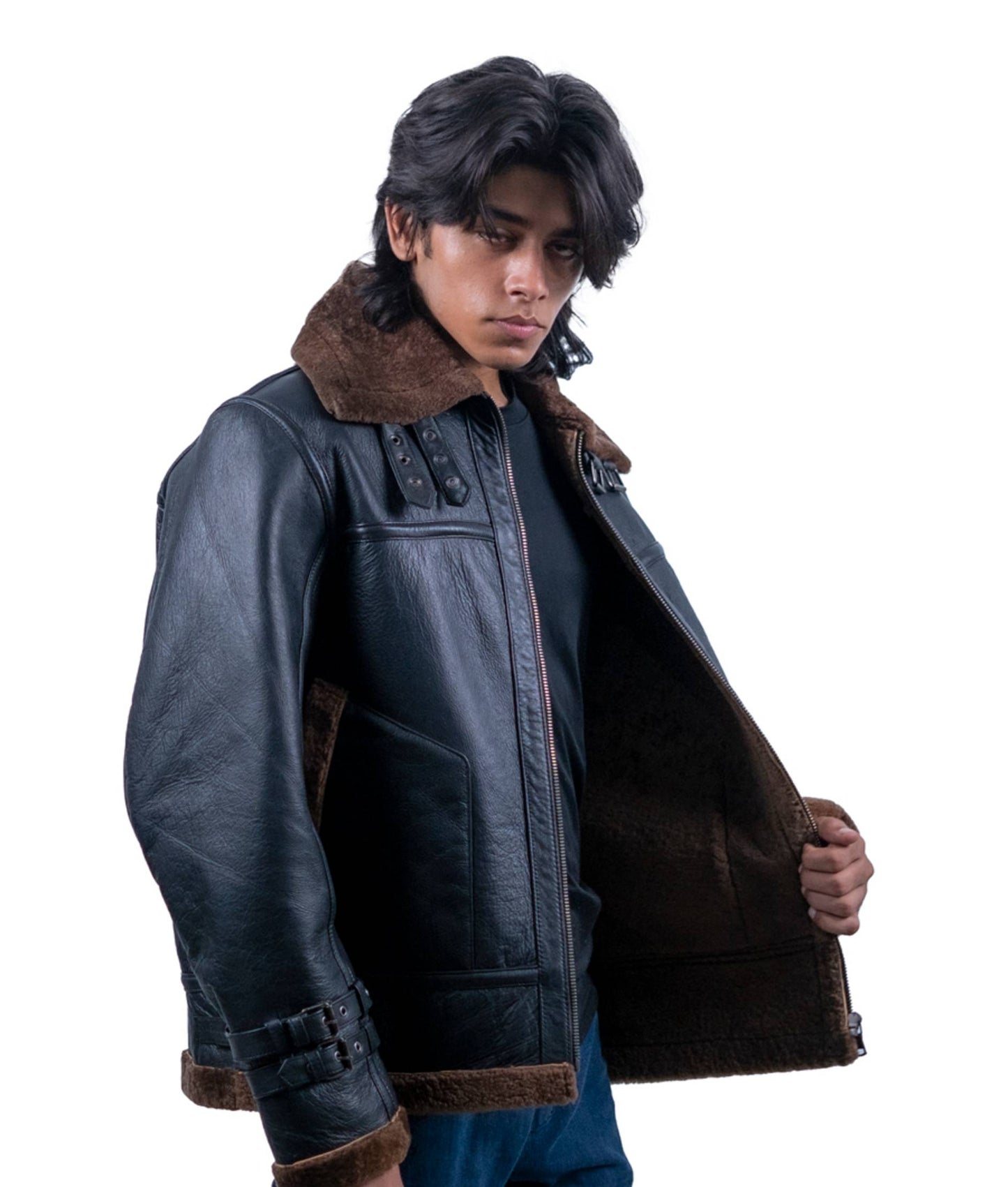 115 - Men’s Vintage Aviator Jacket – Shearling Collar Combat Style
