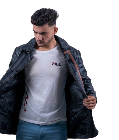 122 – Langer Herren-Ledermantel mit Kontrastfutter – Statement Layer Edition