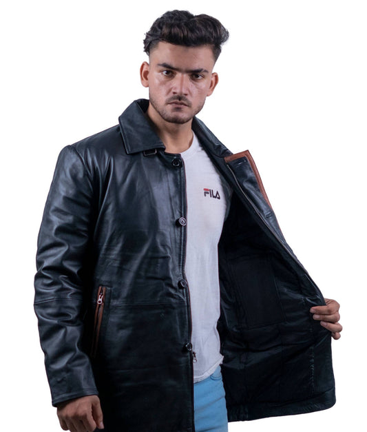 122 – Langer Herren-Ledermantel mit Kontrastfutter – Statement Layer Edition