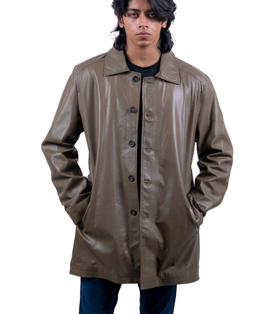 123 - Olivbrauner Ledermantel für Herren - Minimalistische lange Jacke