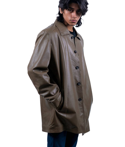 123 - Olivbrauner Ledermantel für Herren - Minimalistische lange Jacke