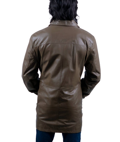 123 - Olivbrauner Ledermantel für Herren - Minimalistische lange Jacke