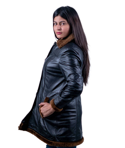 41 - Women’s Black Leather Coat with Brown Fur Trim – Timeless Luxury