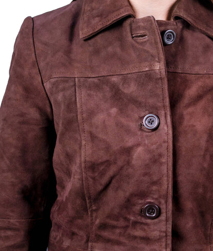 45 - Women’s Brown Suede Long Winter Coat – Soft & Sophisticated