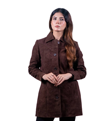 45 - Women’s Brown Suede Long Winter Coat – Soft & Sophisticated