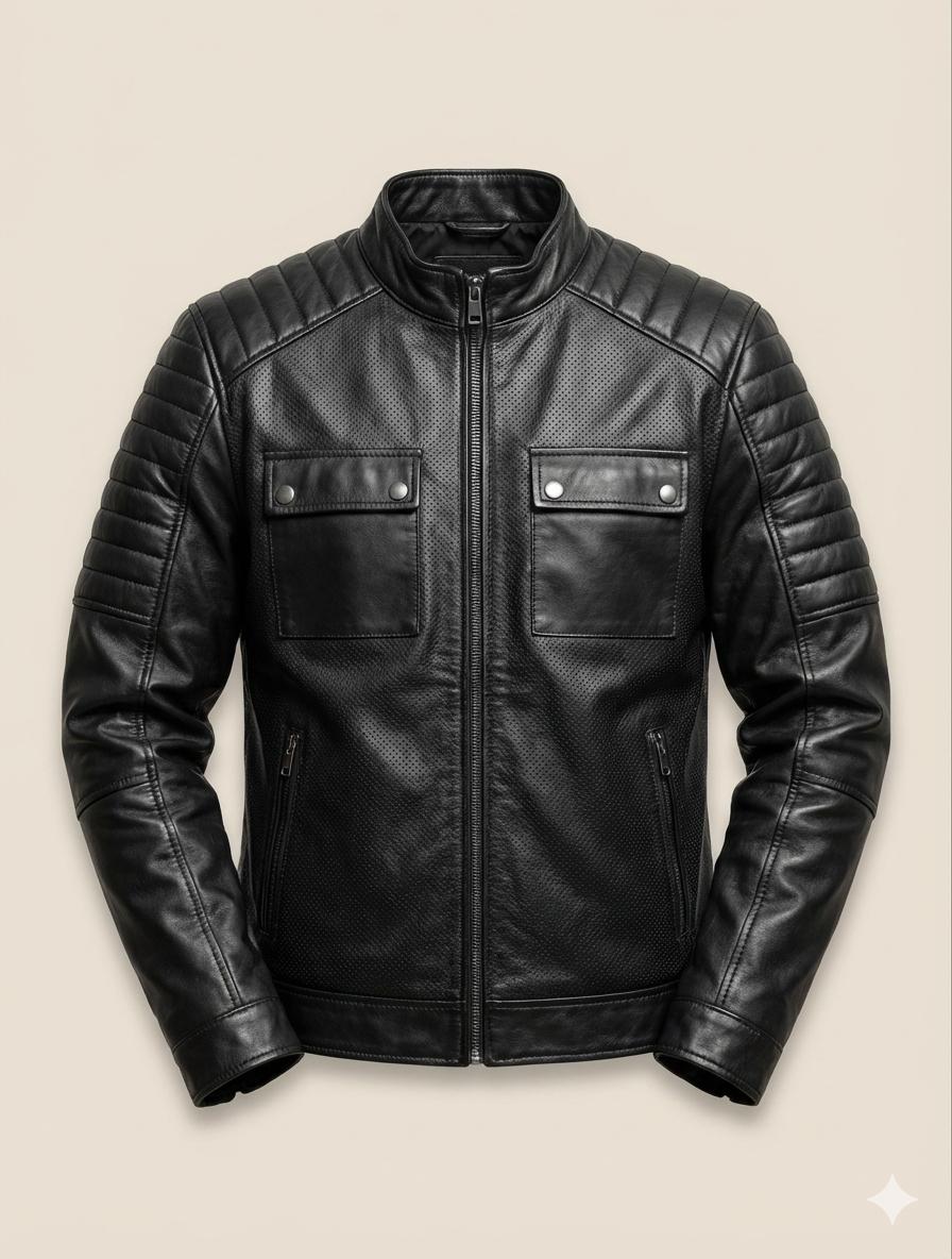 130 - Perforated Black Leather Biker Jacket