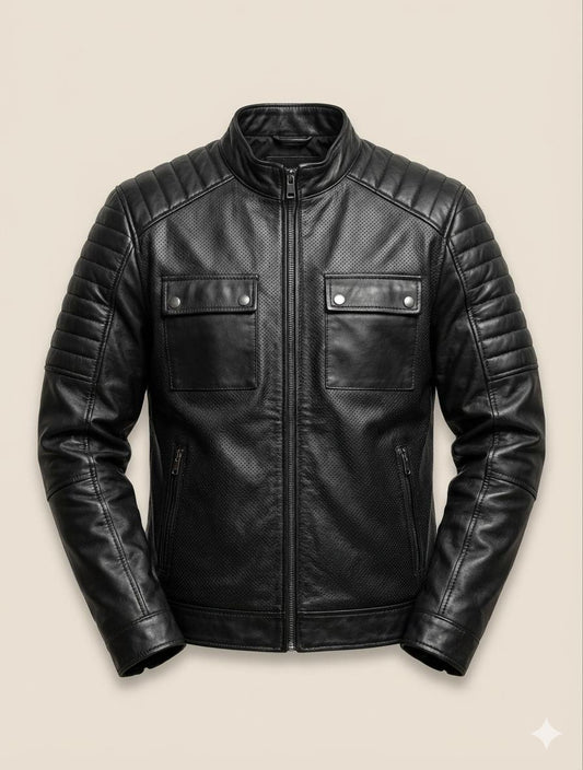 130 - Perforated Black Leather Biker Jacket