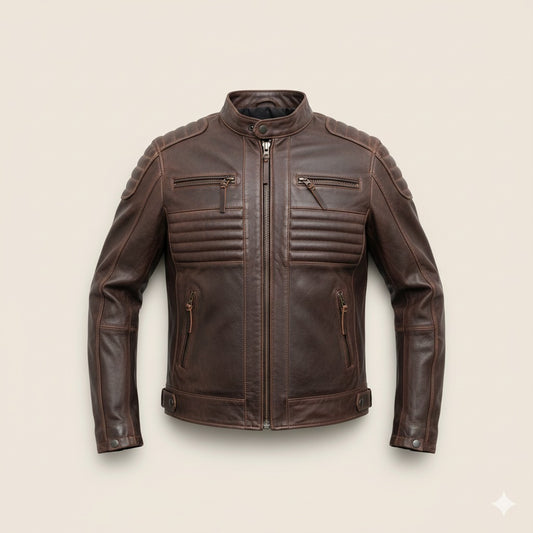 129 - Distressed Brown Cafe Racer Leather Jacket