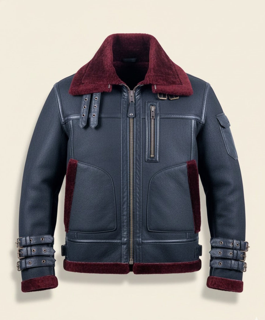 66 – Schwarze Lammfell-Bomberjacke für Herren – Kastanienbrauner Pelzkragen und Schnallendetail