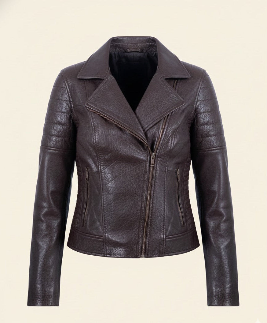 02 - Women’s Dark Brown Textured Leather Biker Jacket – Rugged Elegance