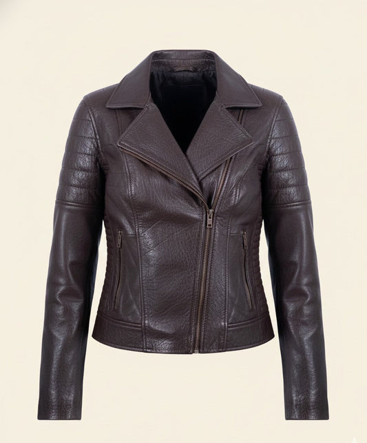 02 - Women’s Dark Brown Textured Leather Biker Jacket – Rugged Elegance