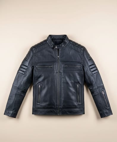 60 - Men's Quilted Black Biker Leather Jacket – Padded Shoulders & Arms