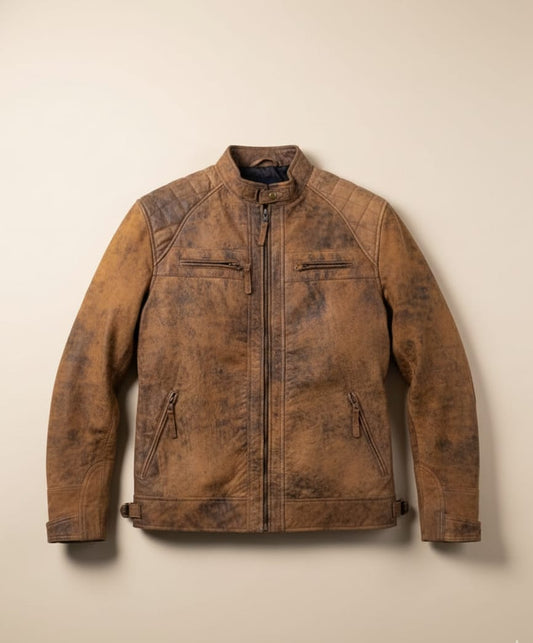 61 - Men's Distressed Brown Leather Jacket – Vintage Washed Look
