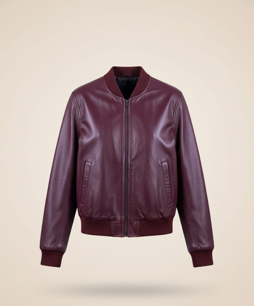 50 - Women’s Slim Fit Maroon Leather Jacket – Casual Moto Style