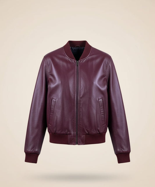 50 - Women’s Slim Fit Maroon Leather Jacket – Casual Moto Style