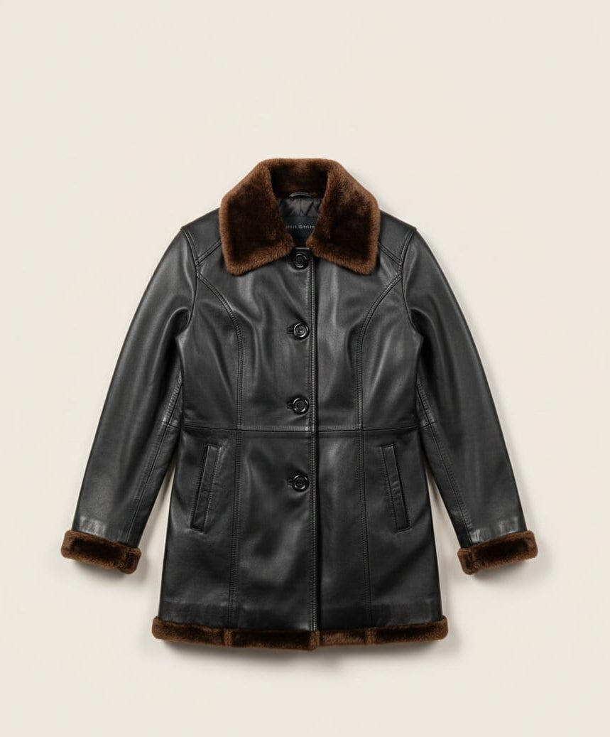 49 - Women’s Black Shearling Lined Leather Coat – Mid-Length Winter Jacket