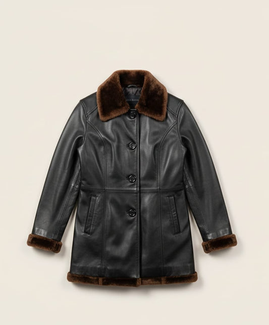 49 - Women’s Black Shearling Lined Leather Coat – Mid-Length Winter Jacket
