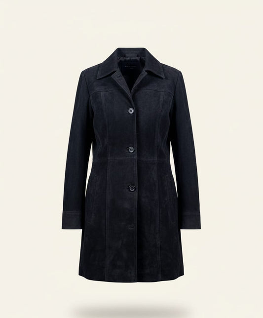 30 – Women’s Black Suede Long Jacket – Timeless Sophistication